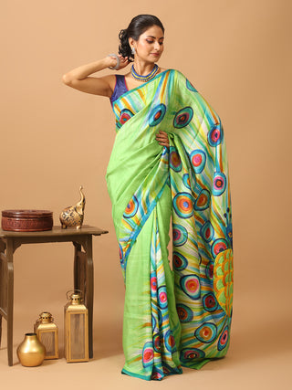 Green Murshidabad Pure Silk Saree With Colourful Hand Painting Inspired By Peacocks