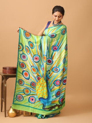 Green Murshidabad Pure Silk Saree With Colourful Hand Painting Inspired By Peacocks