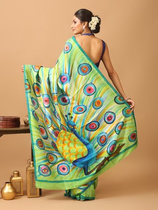 Green Murshidabad Pure Silk Saree With Colourful Hand Painting Inspired By Peacocks