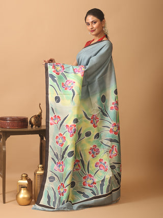 Grey Murshidabad Pure Silk Saree With Colourful Hand Painting Inspired By Poppies
