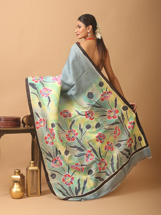 Grey Murshidabad Pure Silk Saree With Colourful Hand Painting Inspired By Poppies