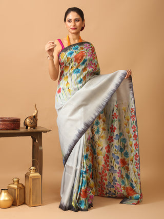 Grey Murshidabad Pure Silk Saree With Sophisticated Floral Hand Painting