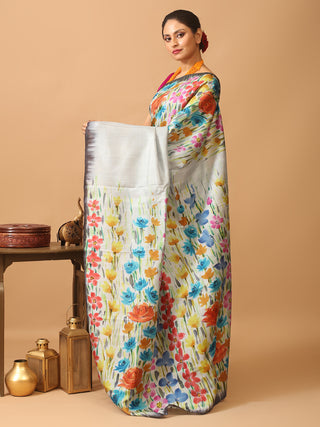 Grey Murshidabad Pure Silk Saree With Sophisticated Floral Hand Painting