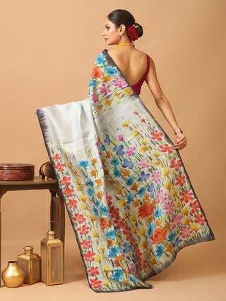 Grey Murshidabad Pure Silk Saree With Sophisticated Floral Hand Painting