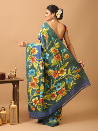 Navy Blue Murshidabad Pure Silk Saree With Colourful Floral Hand Painting