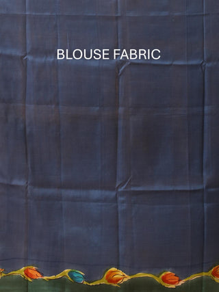 Navy Blue Murshidabad Pure Silk Saree With Colourful Floral Hand Painting