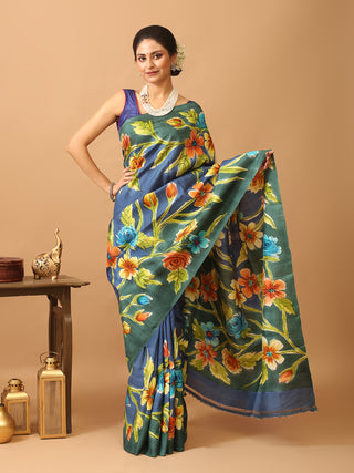 Navy Blue Murshidabad Pure Silk Saree With Colourful Floral Hand Painting