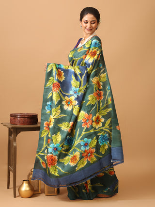 Navy Blue Murshidabad Pure Silk Saree With Colourful Floral Hand Painting