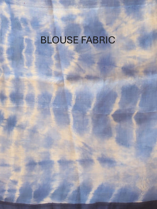 Off-White And Blue Murshidabad Pure Silk Saree With Hand Painting And Shibori