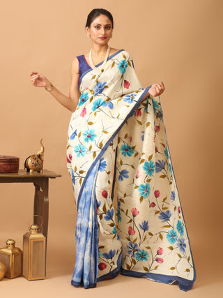 Off-White And Blue Murshidabad Pure Silk Saree With Hand Painting And Shibori
