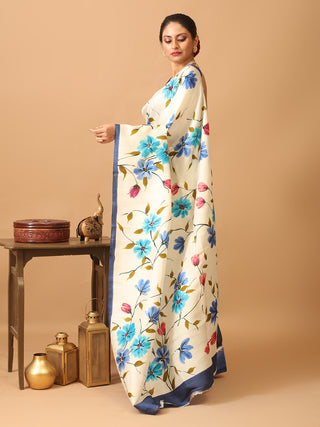 Off-White And Blue Murshidabad Pure Silk Saree With Hand Painting And Shibori