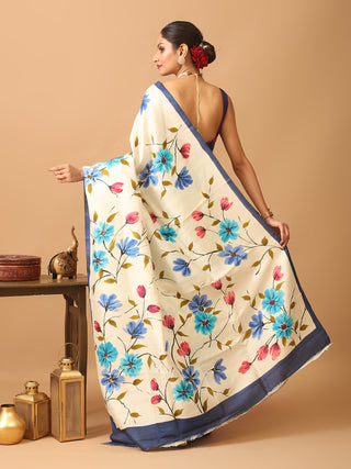 Off-White And Blue Murshidabad Pure Silk Saree With Hand Painting And Shibori