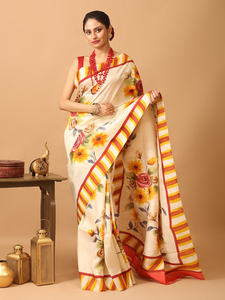 Off-White Murshidabad Pure Silk Saree With Colourful Hand Painting