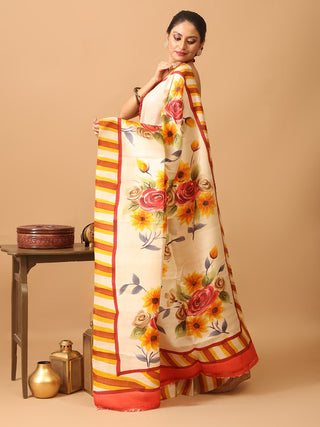 Off-White Murshidabad Pure Silk Saree With Colourful Hand Painting