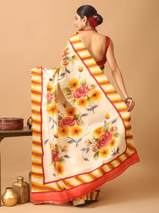 Off-White Murshidabad Pure Silk Saree With Colourful Hand Painting