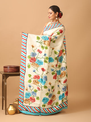 Off-White Murshidabad Pure Silk Saree With A Smart Border And Colourful  Hand Painting