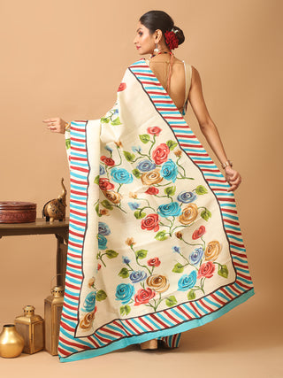 Off-White Murshidabad Pure Silk Saree With A Smart Border And Colourful  Hand Painting