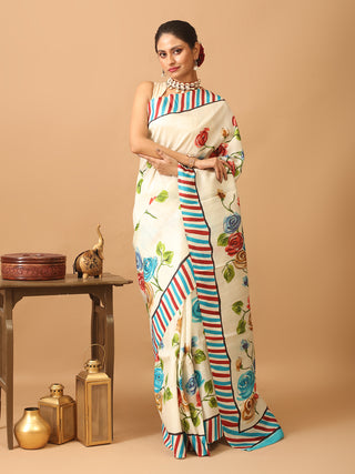 Off-White Murshidabad Pure Silk Saree With A Smart Border And Colourful  Hand Painting