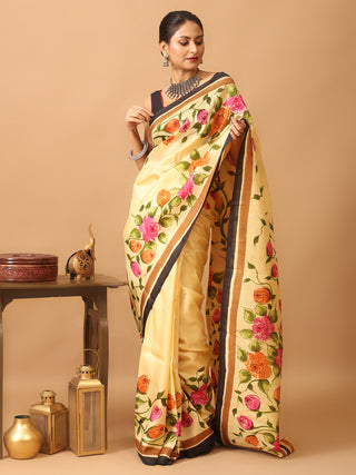 Pale Yellow Murshidabad Pure Silk Saree With Hand Painting of Colourful Roses