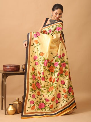 Pale Yellow Murshidabad Pure Silk Saree With Hand Painting of Colourful Roses