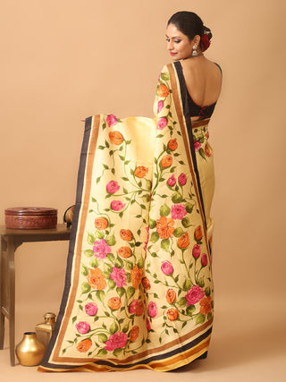 Pale Yellow Murshidabad Pure Silk Saree With Hand Painting of Colourful Roses
