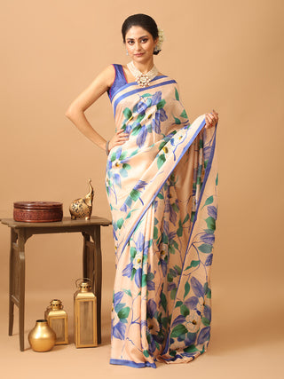 Light Peach Murshidabad Pure Silk Saree With Sophisticated Hand Painting