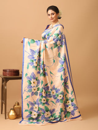 Light Peach Murshidabad Pure Silk Saree With Sophisticated Hand Painting