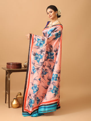 Peachish Pink Murshidabad Pure Silk Saree With Hand Painting