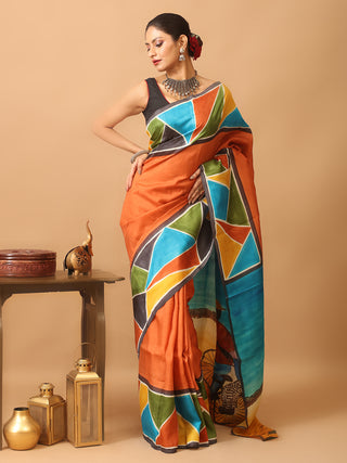 Rusty Orange Murshidabad Pure Silk Saree With African Painting Inspired Hand Painting