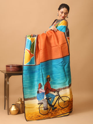 Rusty Orange Murshidabad Pure Silk Saree With African Painting Inspired Hand Painting