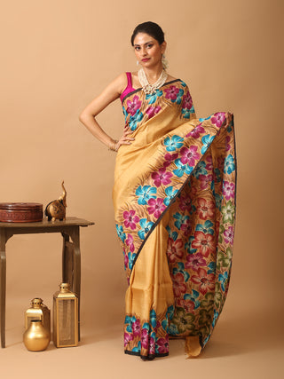 Sandal Murshidabad Pure Silk Saree With Colourful Hand Painting