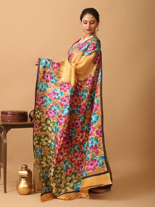 Sandal Murshidabad Pure Silk Saree With Colourful Hand Painting