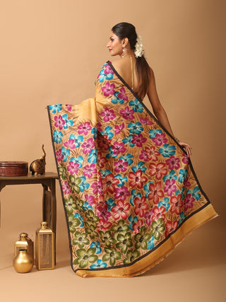 Sandal Murshidabad Pure Silk Saree With Colourful Hand Painting