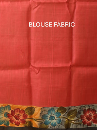 Strawberry Red Murshidabad Pure Silk Saree With Colourful Hand Painting