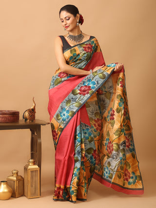 Strawberry Red Murshidabad Pure Silk Saree With Colourful Hand Painting