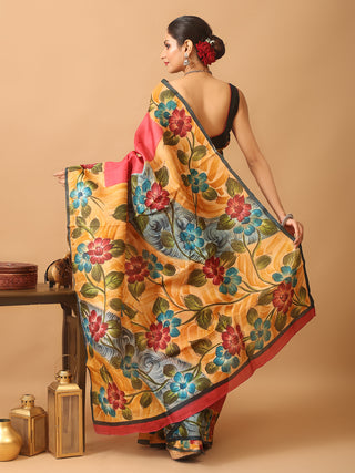 Strawberry Red Murshidabad Pure Silk Saree With Colourful Hand Painting