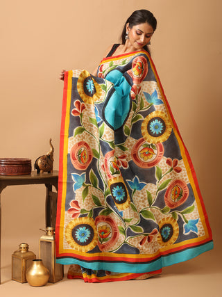Turquoise Blue Murshidabad Pure Silk Saree With Colourful Hand Painting