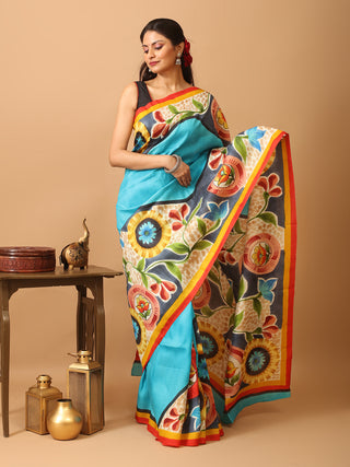 Turquoise Blue Murshidabad Pure Silk Saree With Colourful Hand Painting