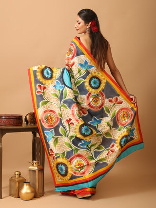 Turquoise Blue Murshidabad Pure Silk Saree With Colourful Hand Painting