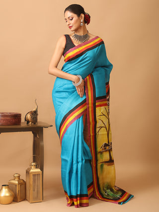 Turquoise Blue Murshidabad Pure Silk Saree With African Painting Inspired Hand Painting