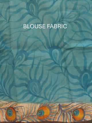 Turquoise Blue Murshidabad Pure Silk Saree With Hand Painting Highlighted By Hand Aari
