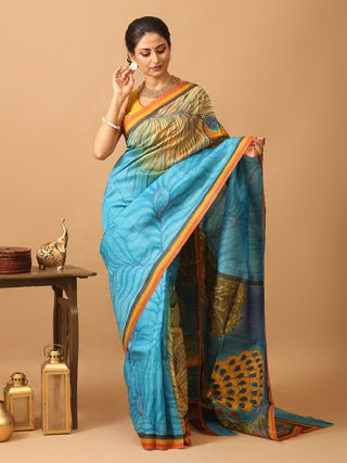 Turquoise Blue Murshidabad Pure Silk Saree With Hand Painting Highlighted By Hand Aari