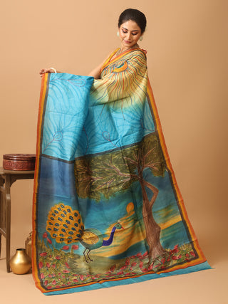 Turquoise Blue Murshidabad Pure Silk Saree With Hand Painting Highlighted By Hand Aari