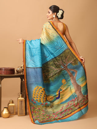 Turquoise Blue Murshidabad Pure Silk Saree With Hand Painting Highlighted By Hand Aari