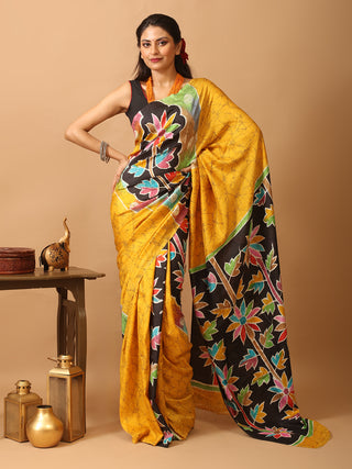 Yellow And Black Murshidabad Pure Silk Saree With Hand Painting