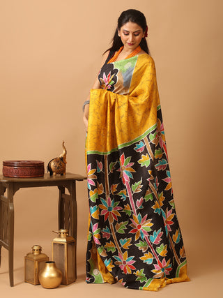 Yellow And Black Murshidabad Pure Silk Saree With Hand Painting