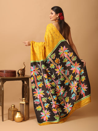 Yellow And Black Murshidabad Pure Silk Saree With Hand Painting