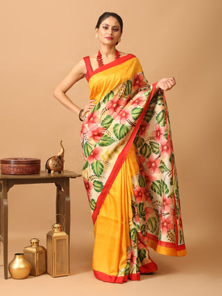 Yellow Murshidabad Pure Silk Saree With Colourful  Hand Painting