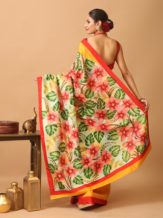 Yellow Murshidabad Pure Silk Saree With Colourful  Hand Painting