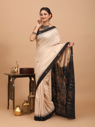 Beige And Black Handwoven Odisha Pure Handloom Punji Buti Cotton Saree